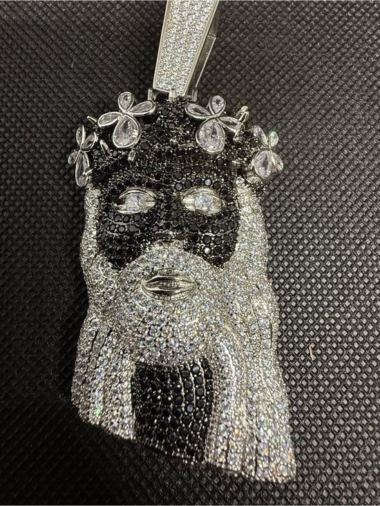 Silver & Black Moissanite Pavé Jesus Head Pendant - Men's Accessory